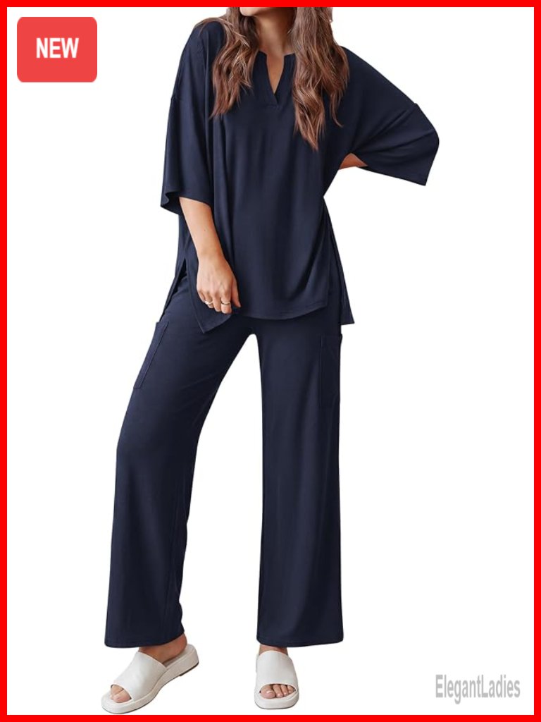 2 Piece Lounge Set V Neck Short Sleeve Top Wide Leg Pants With Pockets